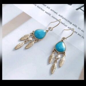 Gold and Blue Teardrop Feather Earrings